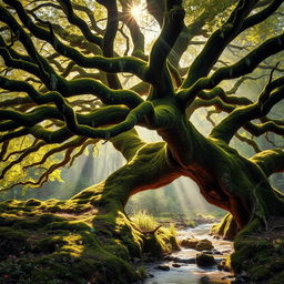 A majestic elder tree, its gnarled branches stretching outwards, covered in vibrant green moss and delicate wisps of soft, white lichen