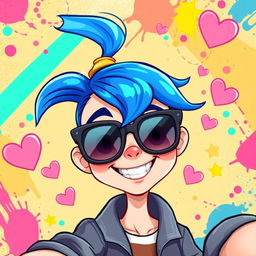 A whimsical, digitally created selfie that showcases an exaggerated, cartoonish style