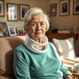 An elderly woman sitting comfortably in a cozy living room setting, wearing a medical cervical collar