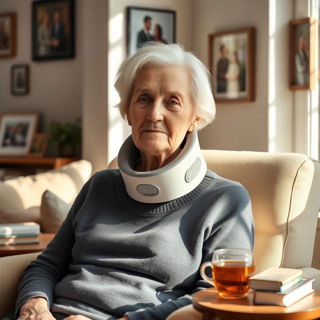 An elderly woman sitting comfortably in a cozy living room setting, wearing a medical cervical collar