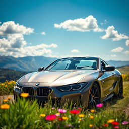 A luxurious and dynamic scene featuring a sleek, modern BMW sports car parked in a picturesque landscape