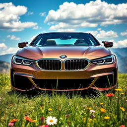 A luxurious and dynamic scene featuring a sleek, modern BMW sports car parked in a picturesque landscape