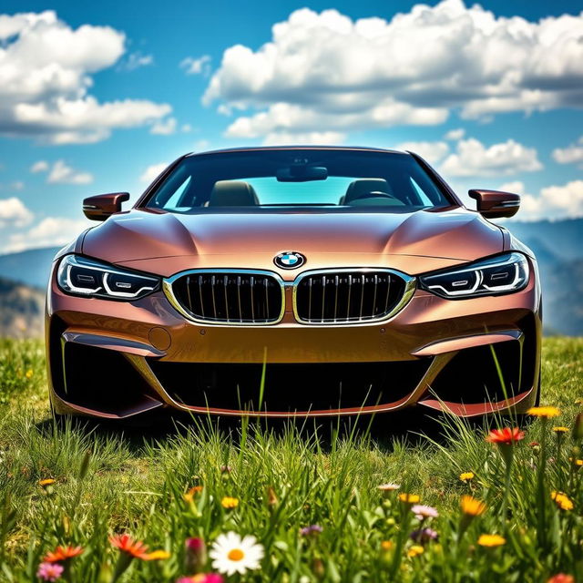 A luxurious and dynamic scene featuring a sleek, modern BMW sports car parked in a picturesque landscape