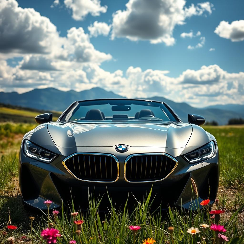 A luxurious and dynamic scene featuring a sleek, modern BMW sports car parked in a picturesque landscape