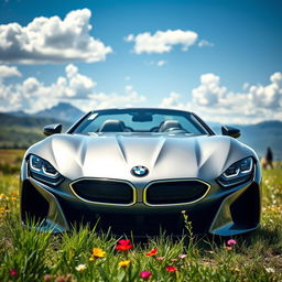 A luxurious and dynamic scene featuring a sleek, modern BMW sports car parked in a picturesque landscape
