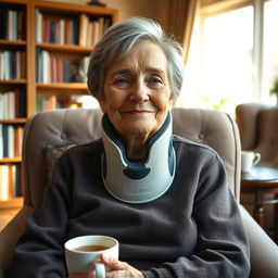 An elderly woman sitting comfortably in an armchair, wearing a medical cervical collar around her neck