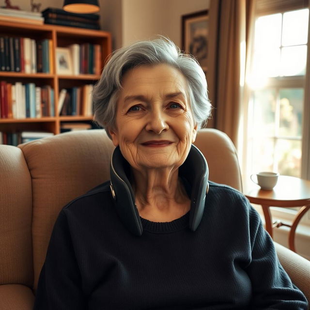 An elderly woman sitting comfortably in an armchair, wearing a medical cervical collar around her neck