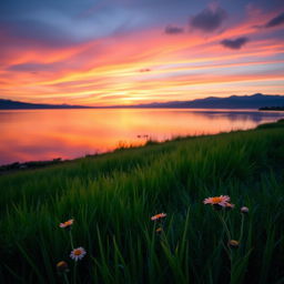 An abstract landscape showcasing a tranquil sunset over a serene lake, with vibrant hues of orange, pink, and purple reflected on the water surface