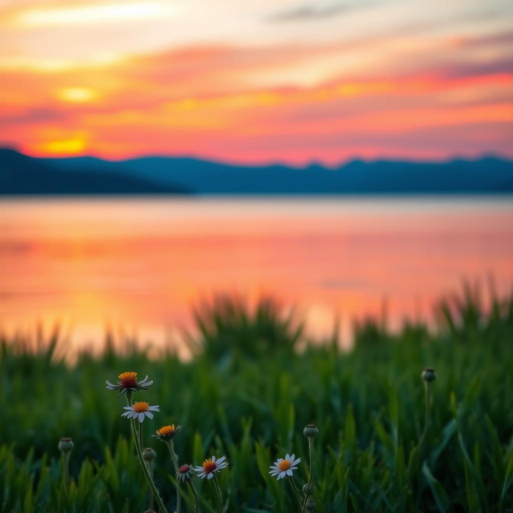 An abstract landscape showcasing a tranquil sunset over a serene lake, with vibrant hues of orange, pink, and purple reflected on the water surface