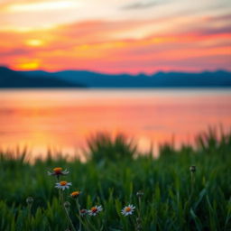 An abstract landscape showcasing a tranquil sunset over a serene lake, with vibrant hues of orange, pink, and purple reflected on the water surface