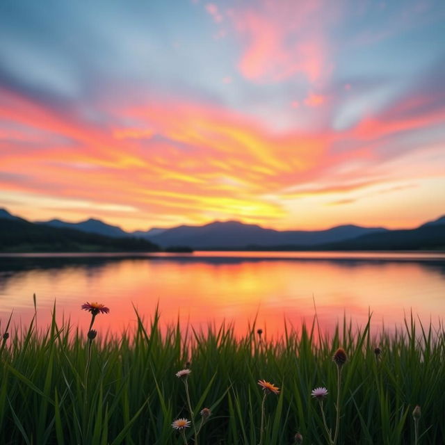 An abstract landscape showcasing a tranquil sunset over a serene lake, with vibrant hues of orange, pink, and purple reflected on the water surface