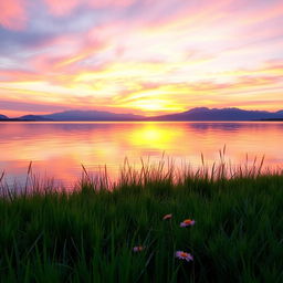An abstract landscape showcasing a tranquil sunset over a serene lake, with vibrant hues of orange, pink, and purple reflected on the water surface