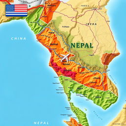 A detailed geographic map showcasing Nepal situated between India and China