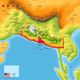 A detailed geographic map showcasing Nepal situated between India and China