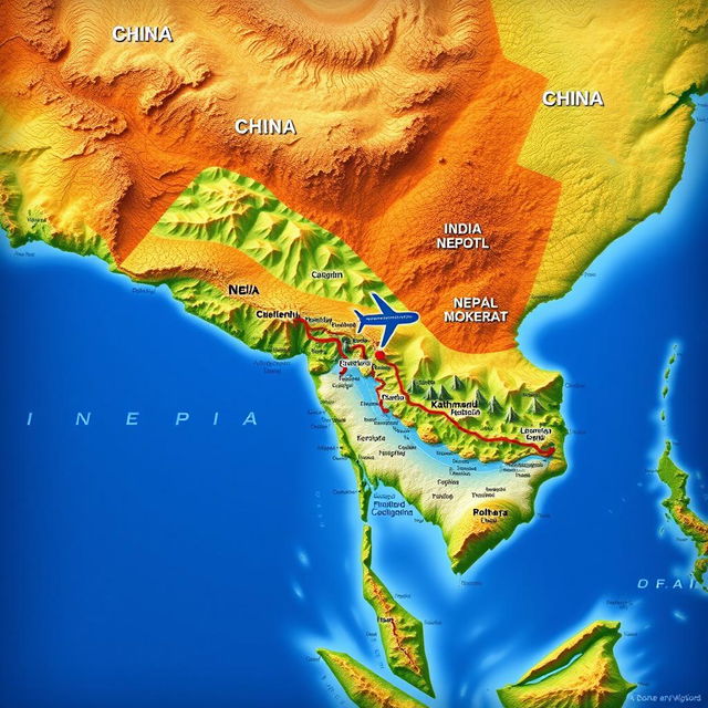 A detailed geographic map showcasing Nepal situated between India and China