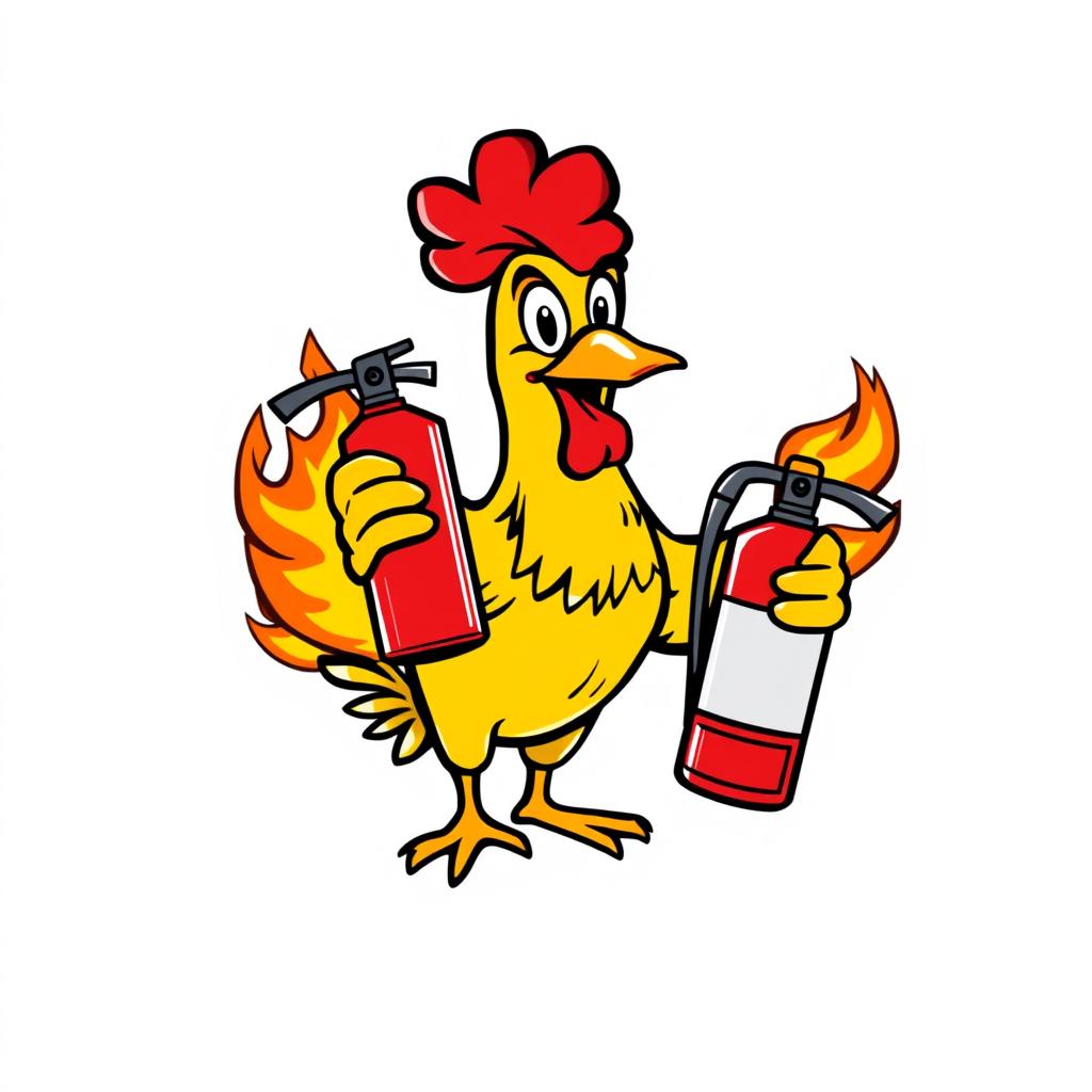 A stylized logo featuring a cartoon chicken holding a fire extinguisher with flames creatively illustrated around it, suggesting action and protection