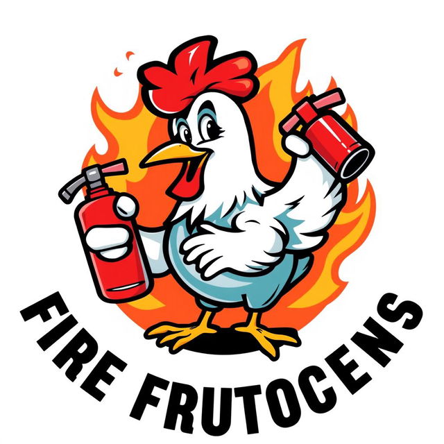 A stylized logo featuring a cartoon chicken holding a fire extinguisher with flames creatively illustrated around it, suggesting action and protection