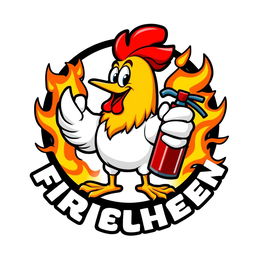 A stylized logo featuring a cartoon chicken holding a fire extinguisher with flames creatively illustrated around it, suggesting action and protection