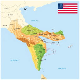 A detailed geographic map showcasing Nepal situated between India and China