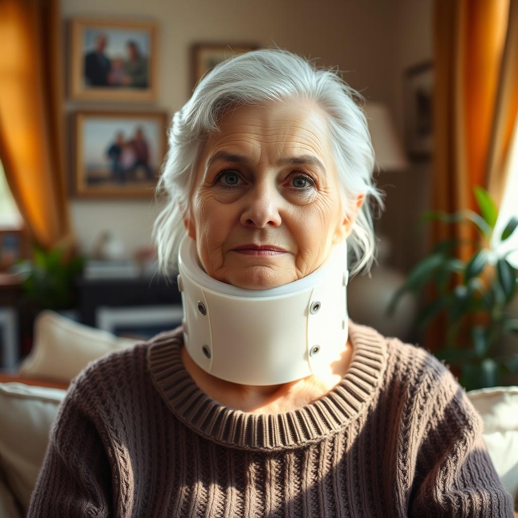 An elderly woman wearing a medical cervical collar around her neck, her expression showing resilience and strength