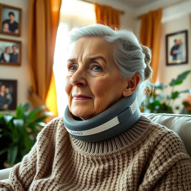 An elderly woman wearing a medical cervical collar around her neck, her expression showing resilience and strength