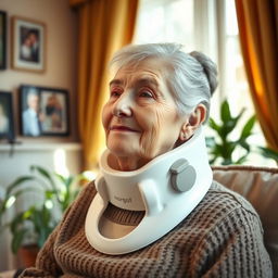 An elderly woman wearing a medical cervical collar around her neck, her expression showing resilience and strength
