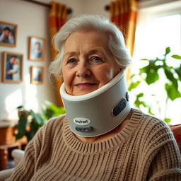An elderly woman wearing a medical cervical collar around her neck, her expression showing resilience and strength