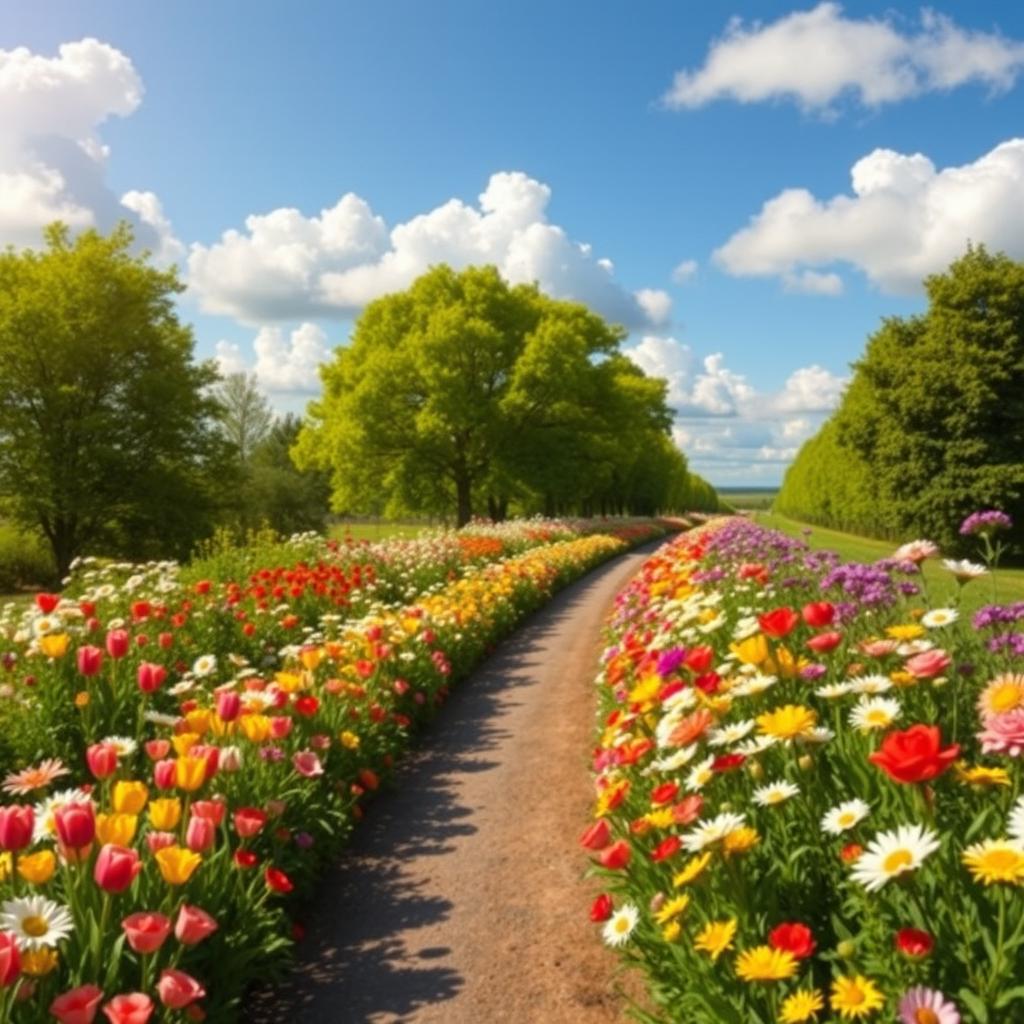 A scenic road lined with a variety of colorful flowers of different species, creating a vibrant and enchanting floral pathway