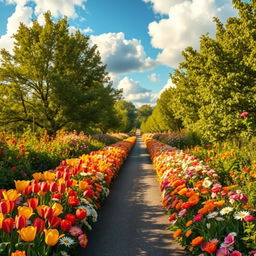 A scenic road lined with a variety of colorful flowers of different species, creating a vibrant and enchanting floral pathway