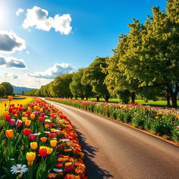 A scenic road lined with a variety of colorful flowers of different species, creating a vibrant and enchanting floral pathway