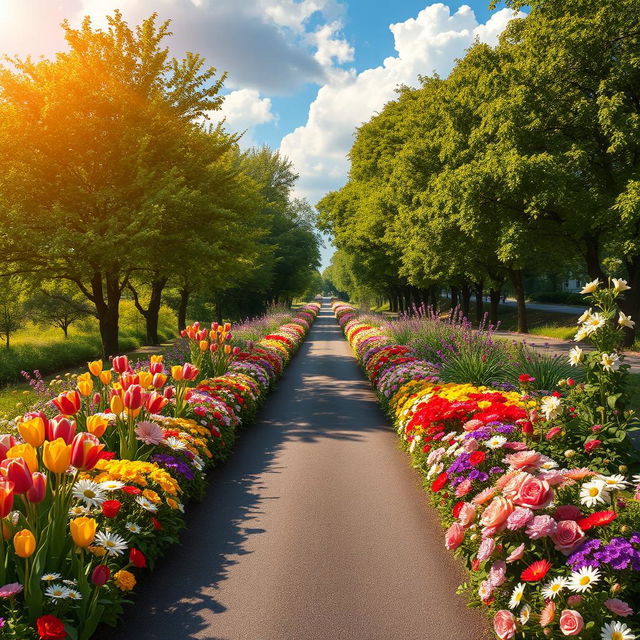 A scenic road lined with a variety of colorful flowers of different species, creating a vibrant and enchanting floral pathway