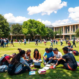 A vibrant school scene filled with students of diverse ethnic backgrounds, engaging in various activities