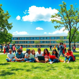 A vibrant school scene filled with students of diverse ethnic backgrounds, engaging in various activities