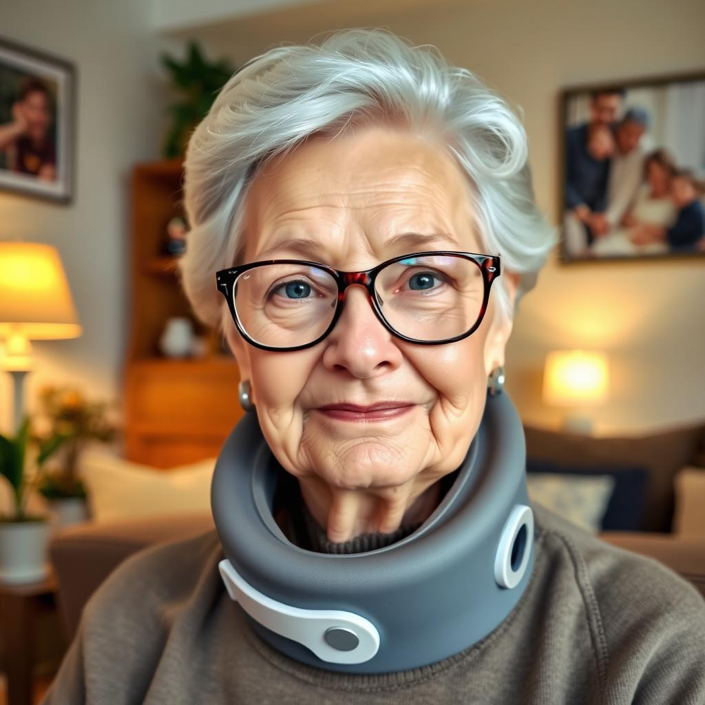 An elderly woman wearing thick glasses and a large medical cervical collar around her neck