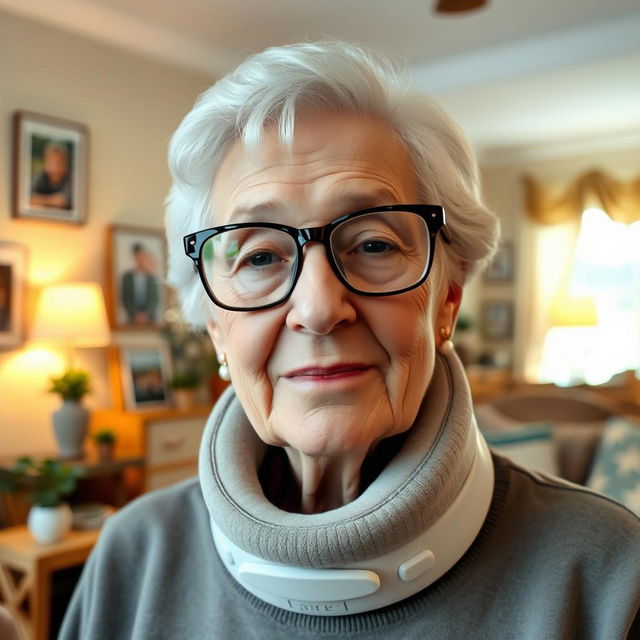 An elderly woman wearing thick glasses and a large medical cervical collar around her neck