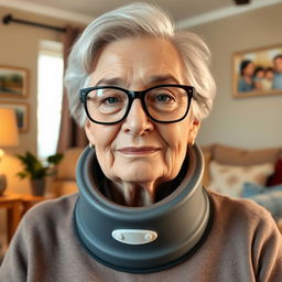 An elderly woman wearing thick glasses and a large medical cervical collar around her neck
