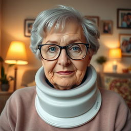 An elderly woman wearing thick glasses and a large medical cervical collar around her neck