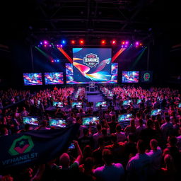 A thrilling esports tournament scene set against a dramatic black background