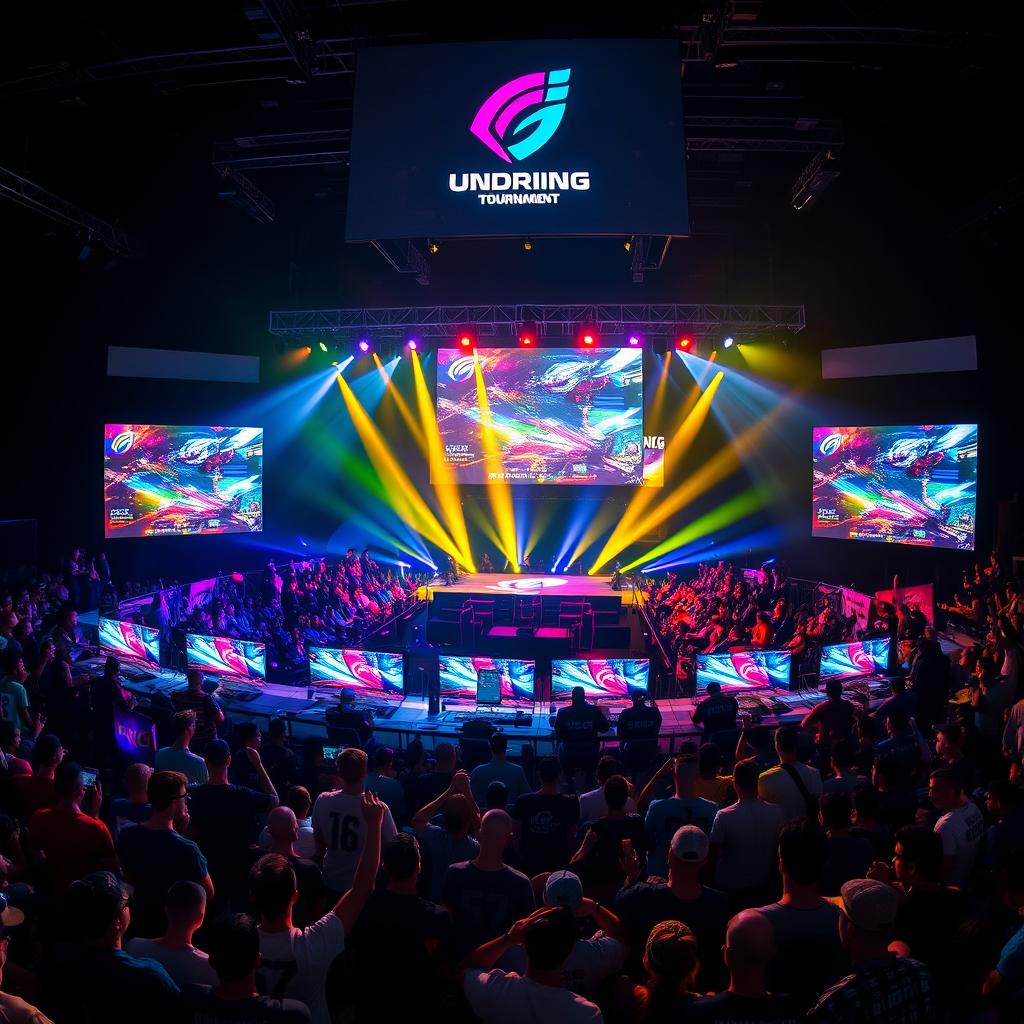 A thrilling esports tournament scene set against a dramatic black background