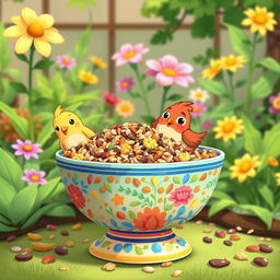 A vibrant cartoon-style illustration of a colorful, cheerful birdseed in a decorative bowl
