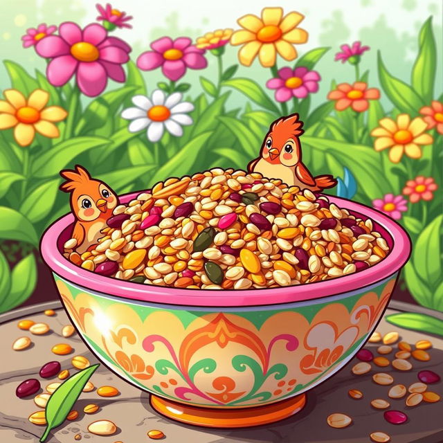 A vibrant cartoon-style illustration of a colorful, cheerful birdseed in a decorative bowl