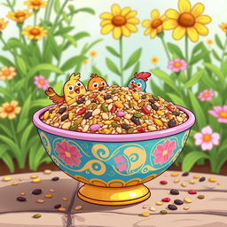 A vibrant cartoon-style illustration of a colorful, cheerful birdseed in a decorative bowl