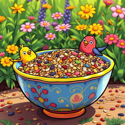 A vibrant cartoon-style illustration of a colorful, cheerful birdseed in a decorative bowl