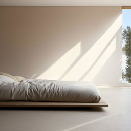 A chic minimalist bedroom with a bed situated on the floor, crisply made with soft, inviting linens, positioned underneath a small, tastefully framed window on the right wall, letting in a gentle stream of daylight.