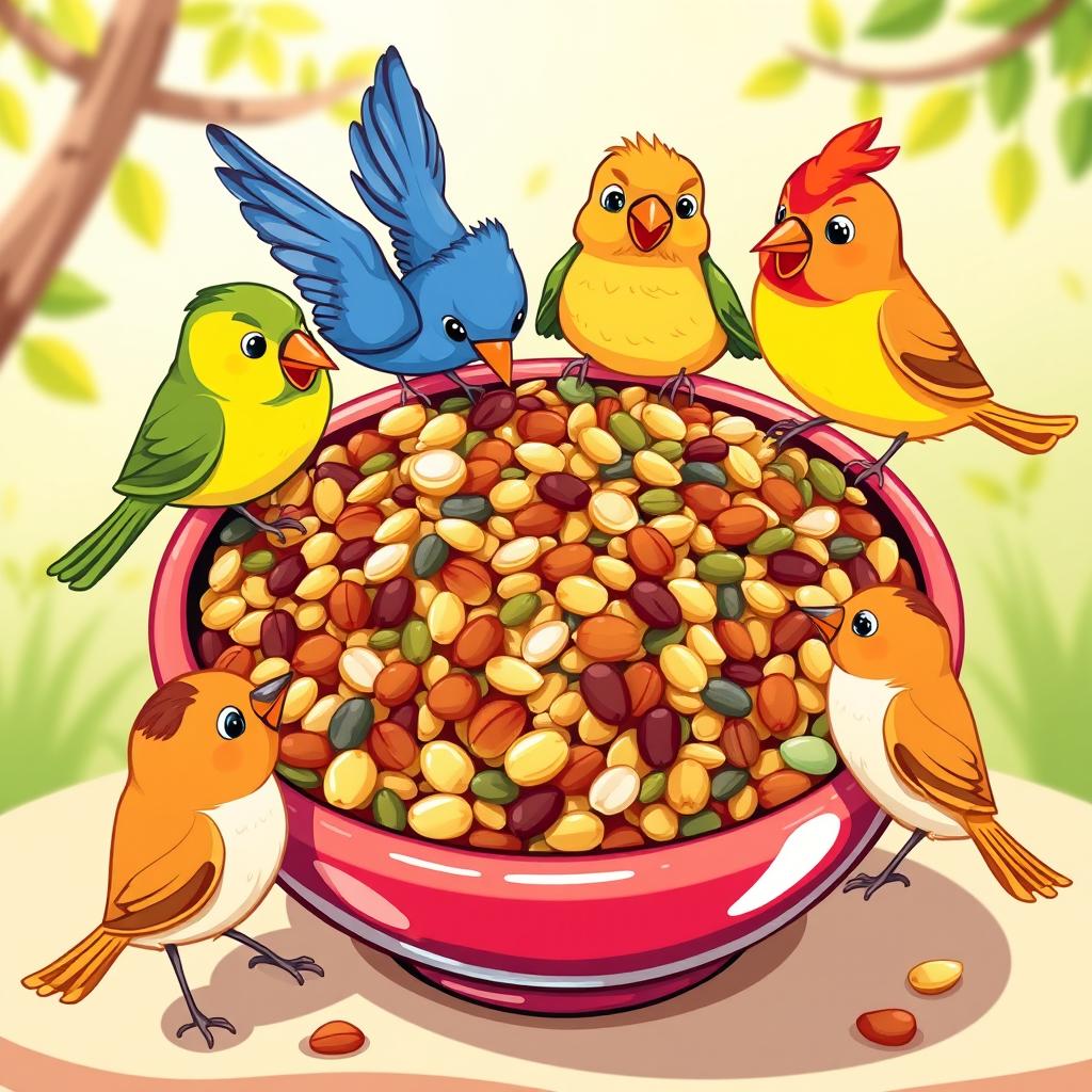 A cartoonish illustration of colorful bird food in a bowl, featuring seeds, nuts, and grains