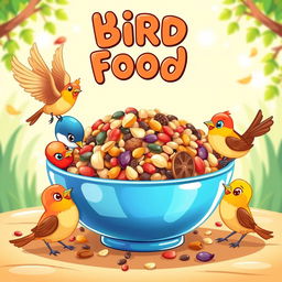A cartoonish illustration of colorful bird food in a bowl, featuring seeds, nuts, and grains