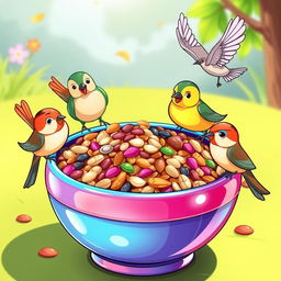 A cartoonish illustration of colorful bird food in a bowl, featuring seeds, nuts, and grains
