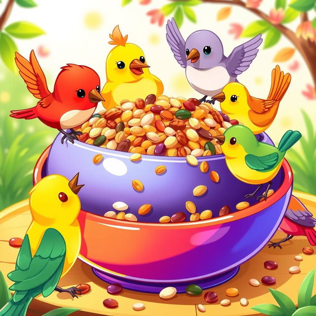 A cartoonish illustration of colorful bird food in a bowl, featuring seeds, nuts, and grains