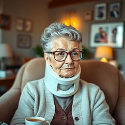 An elderly woman with gray hair styled in a neat bun, wearing stylish glasses that highlight her thoughtful expression