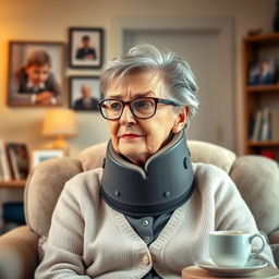 An elderly woman with gray hair styled in a neat bun, wearing stylish glasses that highlight her thoughtful expression